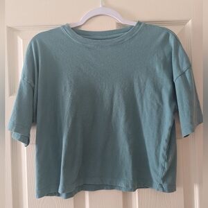 Cropped Cotton Teal Loose Fit Workout Top For Women | XS